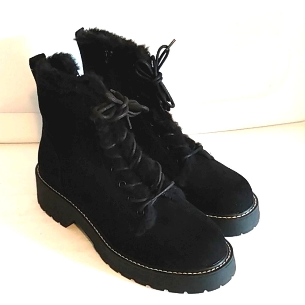 MADDEN GIRL CARRA MOTO BOOTS BLACK FUR LINED LACE UP COMBAT BOOTS SIZE 9 NWT